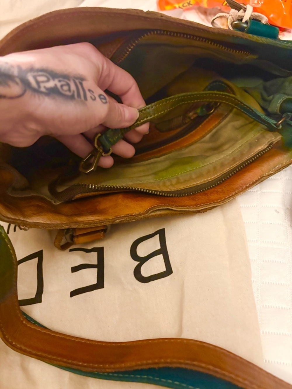 BED|STU Three-Tone Aqua/Green and Brown Leather Tote - Picture 12 of 13